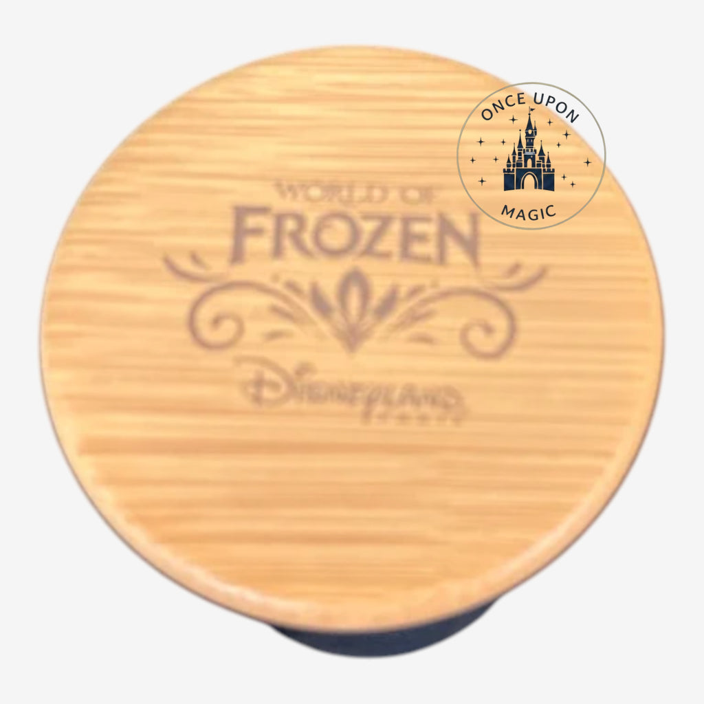 Couvercle en bois gravé du logo World of Frozen Disneyland pour pot surprise Once Upon Magic