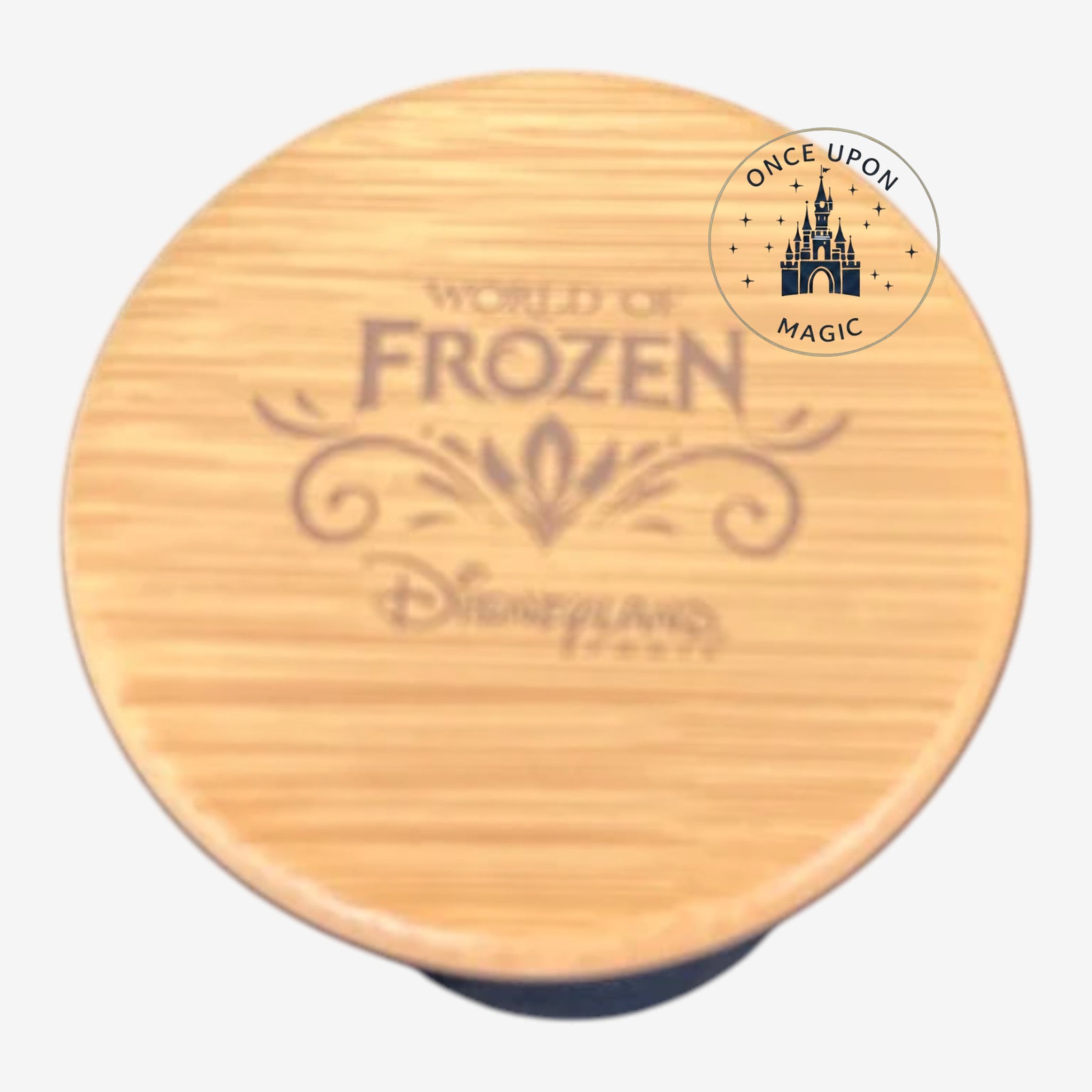 Couvercle en bois gravé du logo World of Frozen Disneyland pour pot surprise Once Upon Magic