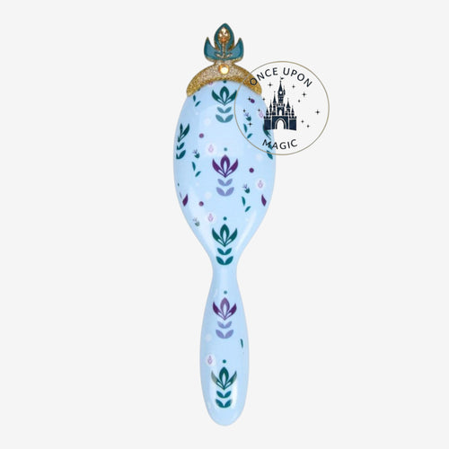 Once Upon Magic light blue hair brush with floral motifs and a crown detail, inspired by Anna from Frozen.