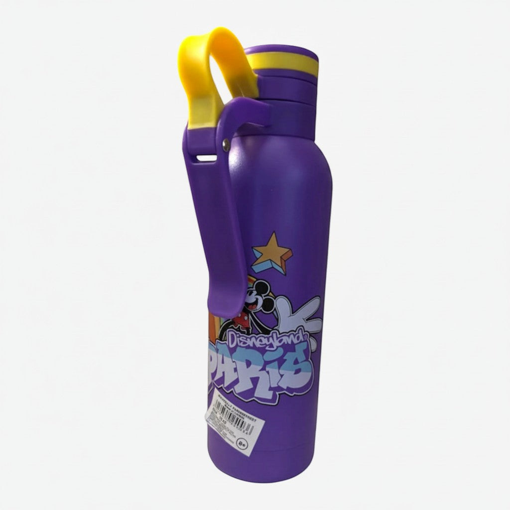 Once Upon Magic purple stainless steel water bottle featuring Disneyland Paris character graphics and yellow carry loop