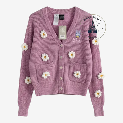 Once Upon Magic purple knit cardigan featuring white 3D daisy flower appliqués and Daisy Duck embroidery.