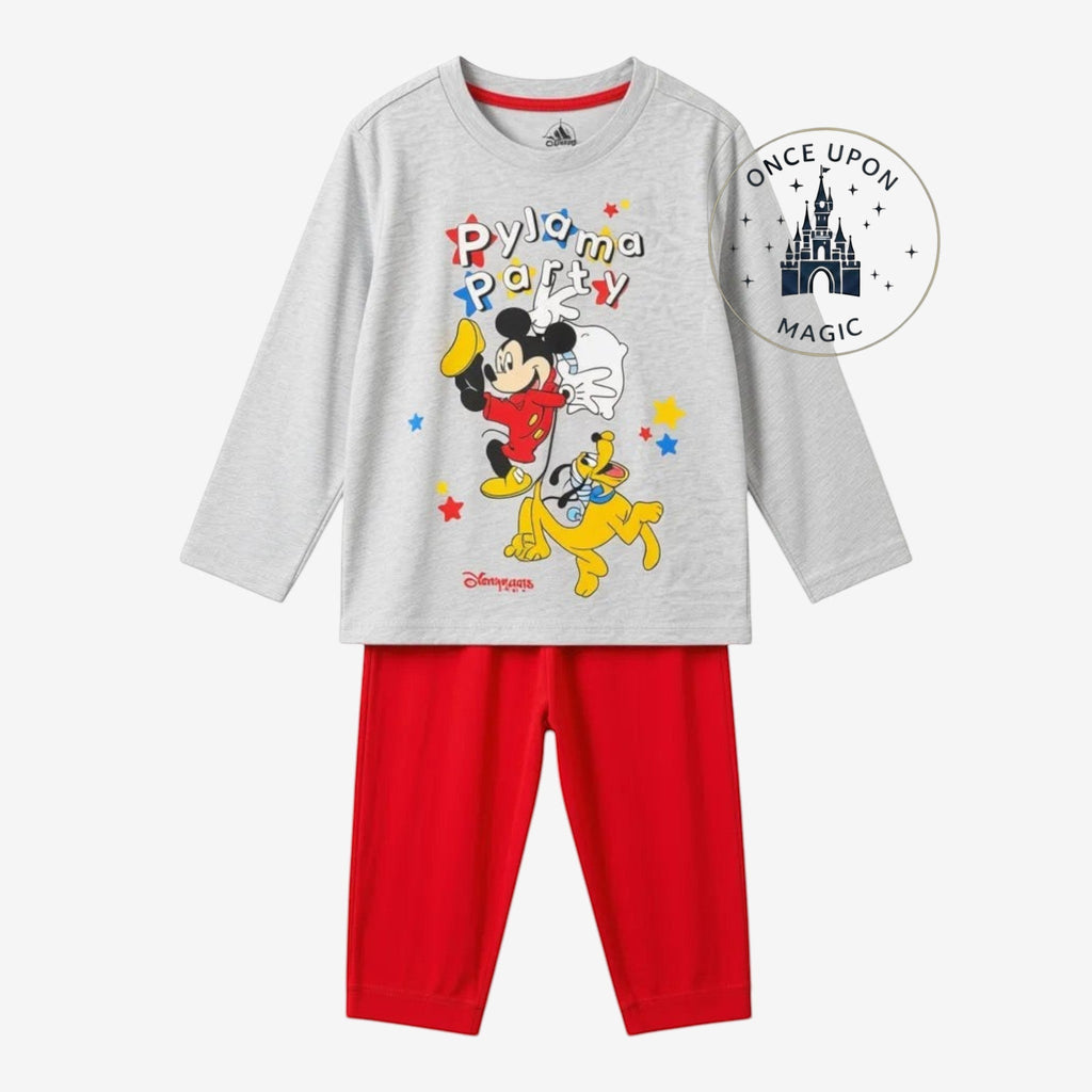 Ensemble de pyjama gris et rouge pour enfant Once Upon Magic avec Mickey et Pluto sur le thème « Pyjama Party ».