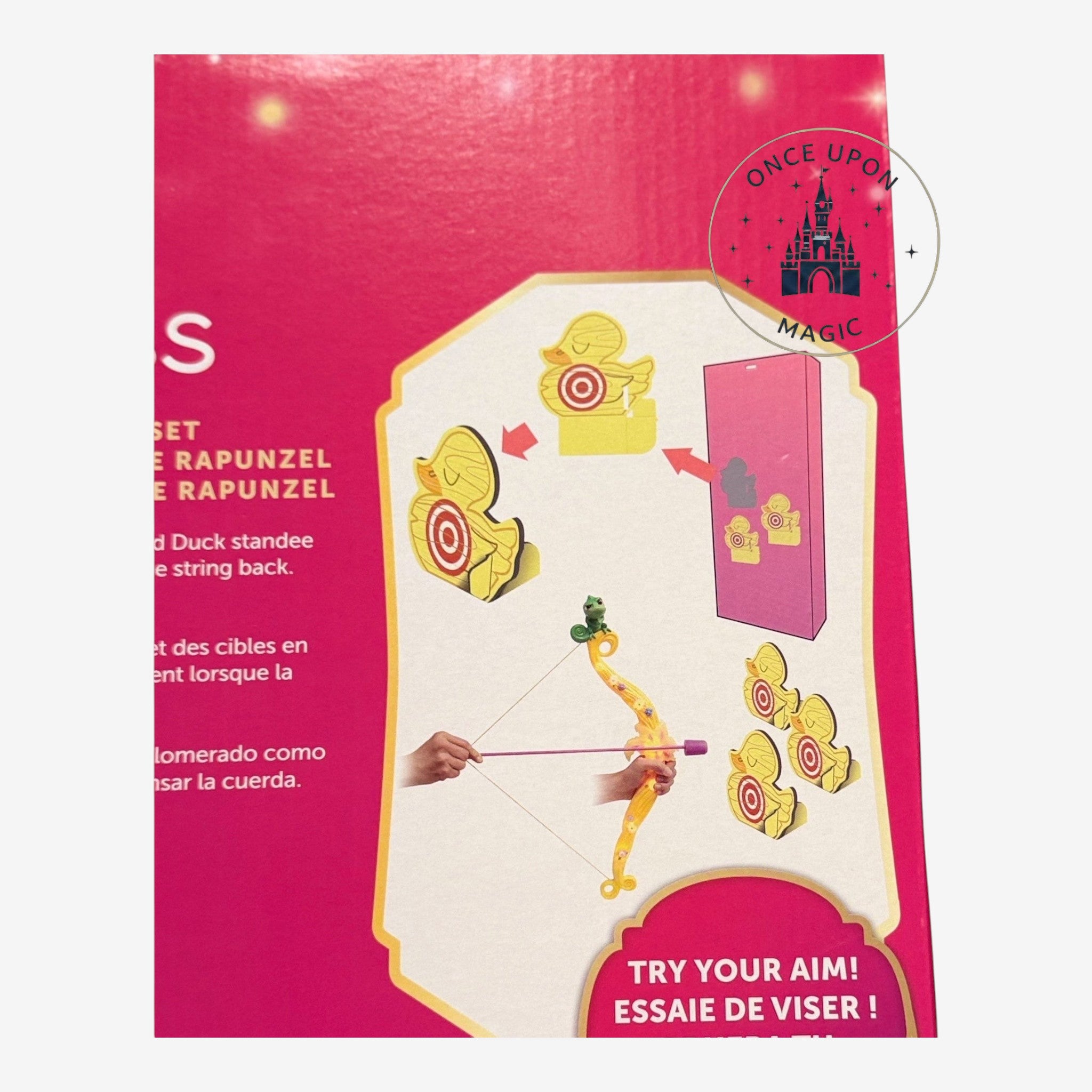 Once Upon Magic Rapunzel light-up bow and arrow set with Pascal figure and duck targets on pink packaging