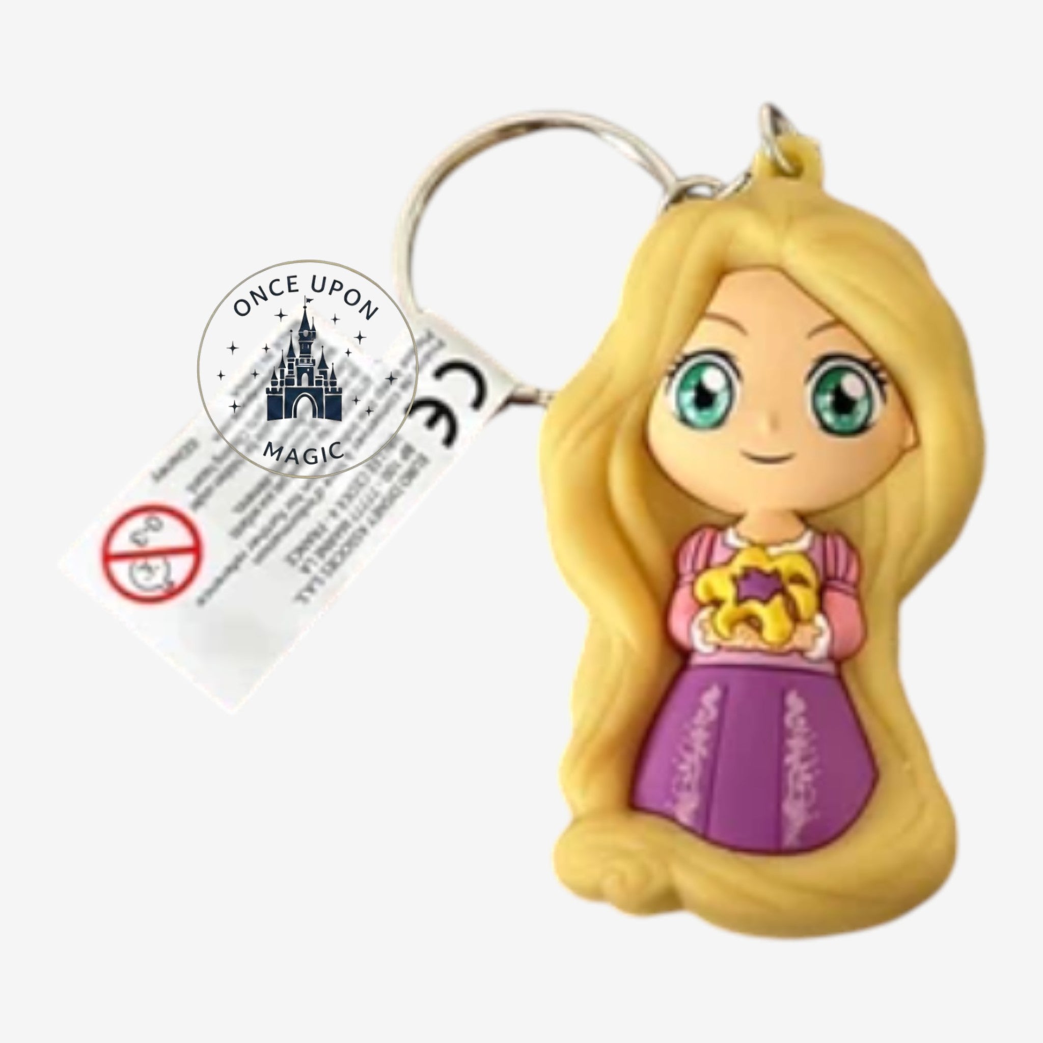 Once Upon Magic Disney Princess Rapunzel keychain accessory with blonde hair, green eyes, purple dress, and frying pan.