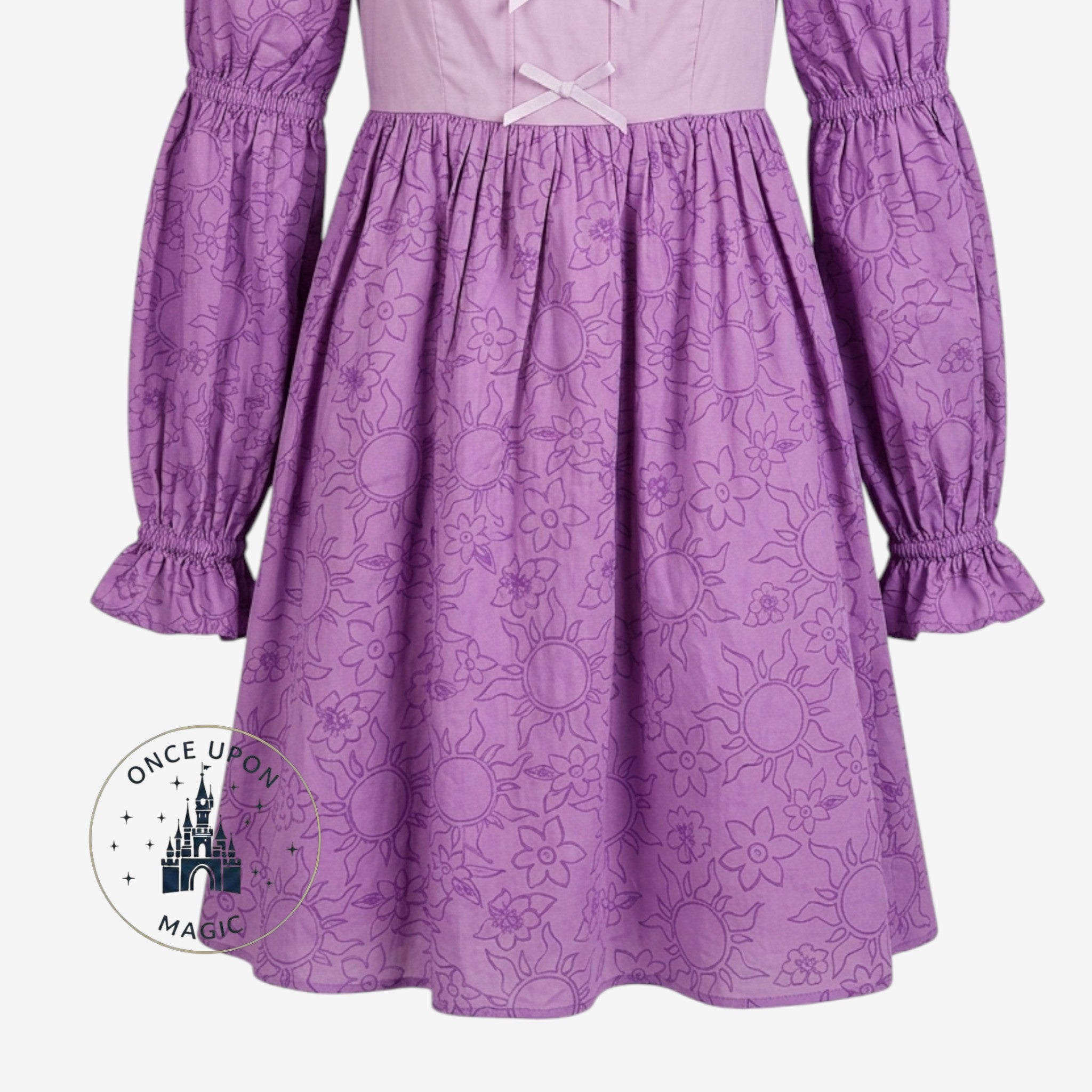 Once Upon Magic purple and pink Rapunzel dress with sun and floral print, square neckline, and puffed sleeves.