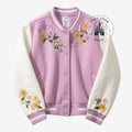 Once Upon Magic pastel lilac and white teddy jacket with Rapunzel floral embroidery and striped ribbed cuffs.
