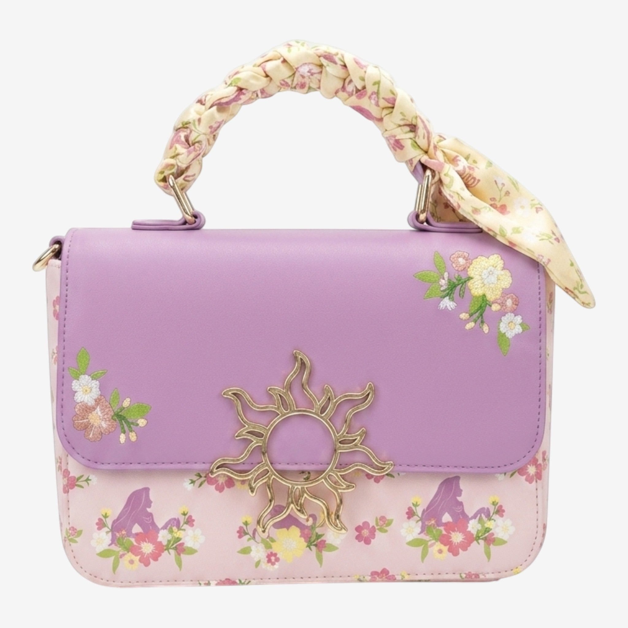 Once Upon Magic Rapunzel crossbody bag with floral print, lavender and pink, gold sun emblem, and satin scarf handle.