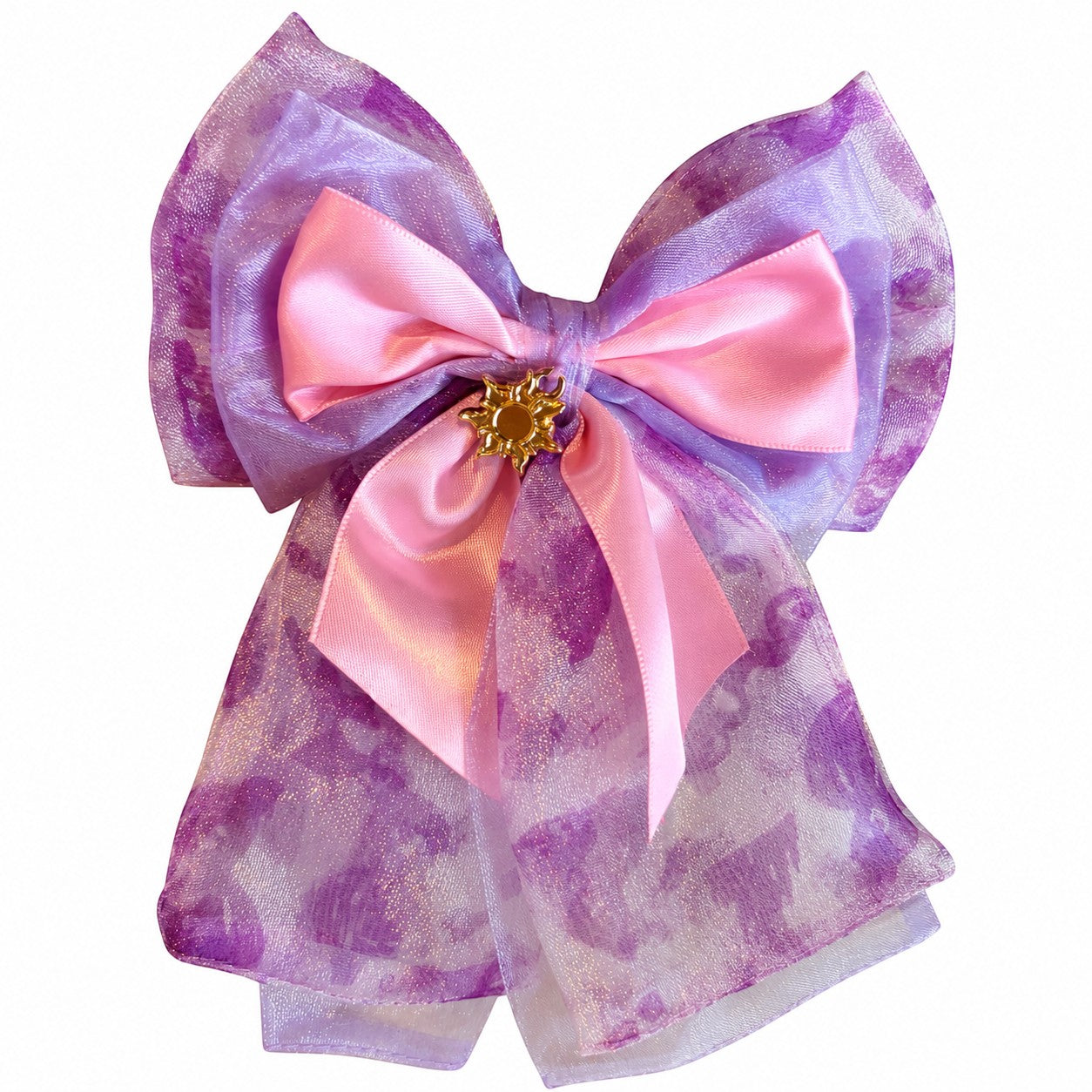 Once Upon Magic Rapunzel hair bow with purple organza, pink satin, and gold sun charm. Glitter details.