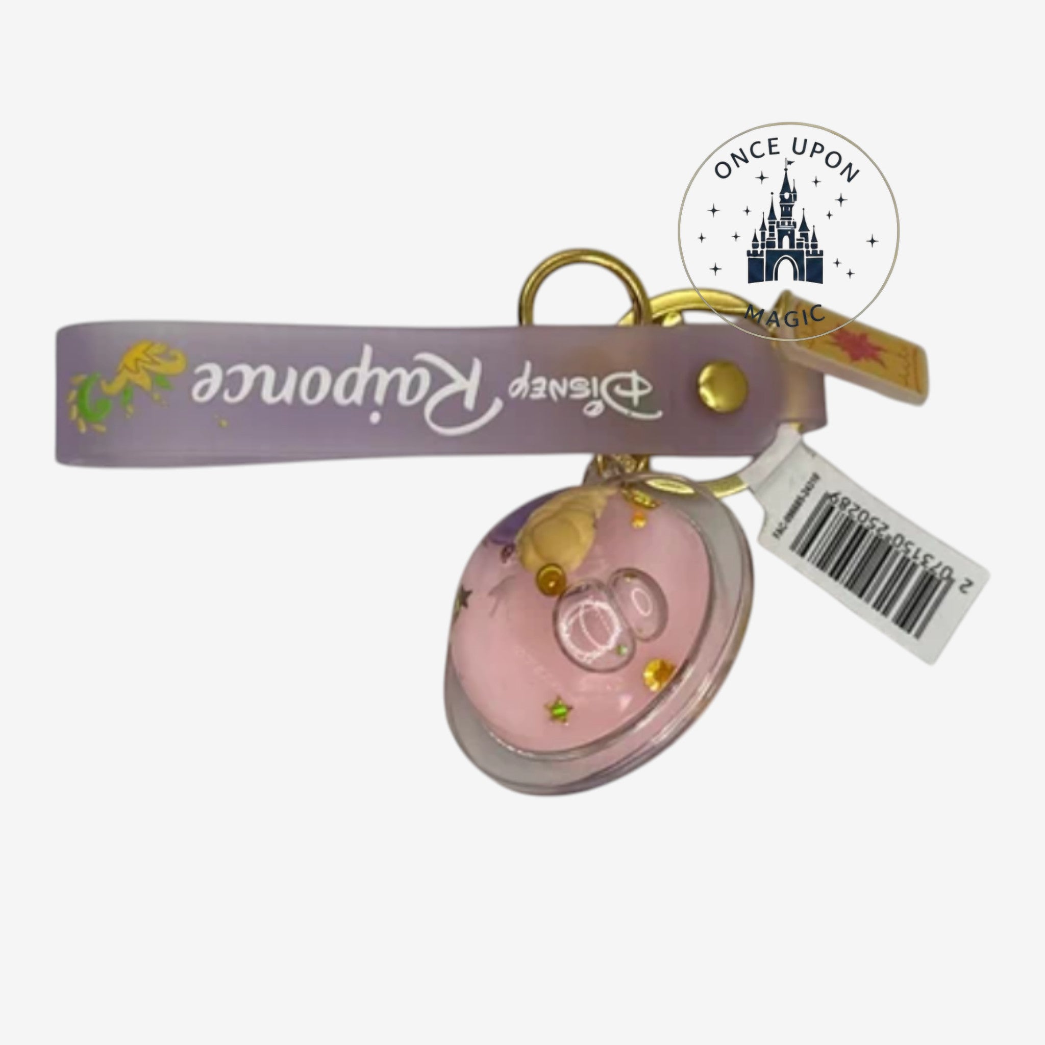 Once Upon Magic Rapunzel keychain with a purple strap and a pink glittery charm featuring Rapunzel's hair and flowers.