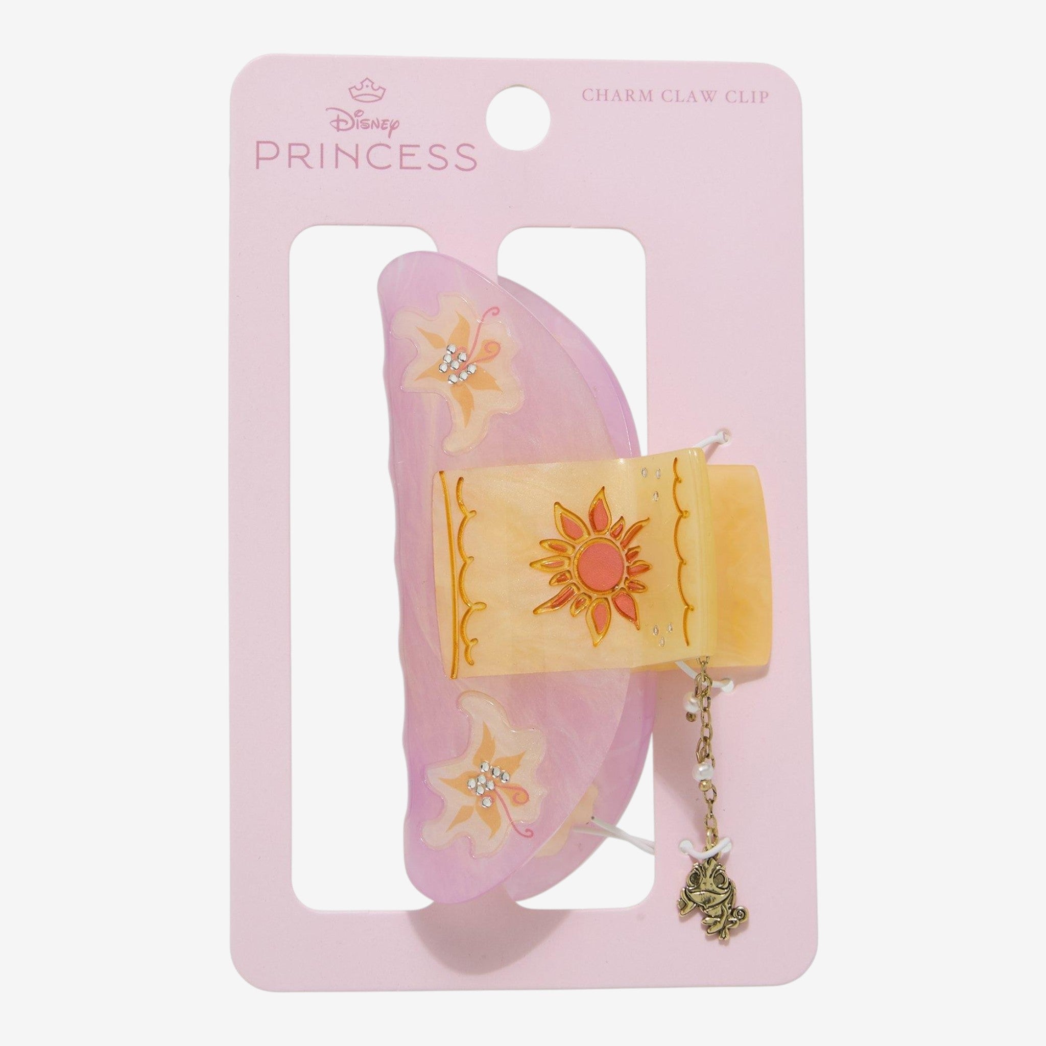 Once Upon Magic Disney Princess Rapunzel lantern charm claw clip with sun design and floral accents.