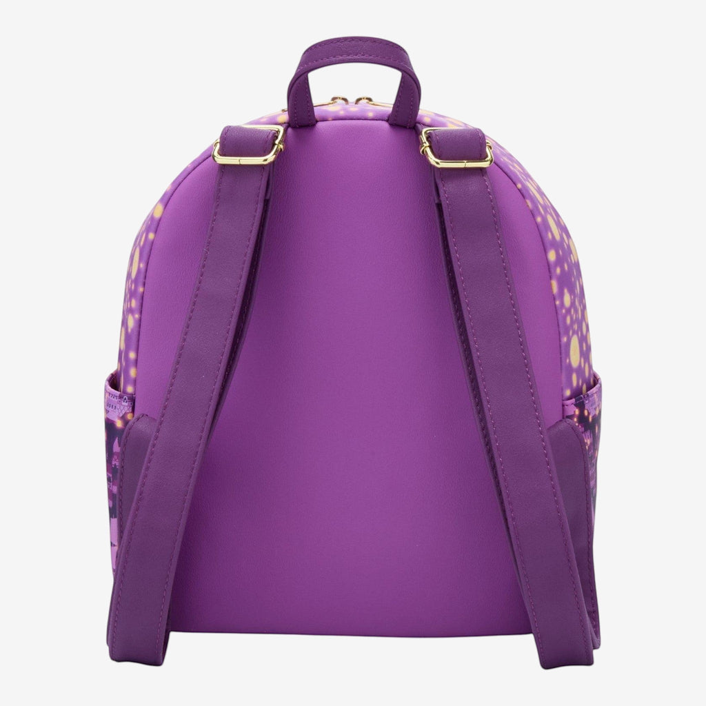 Once Upon Magic purple faux leather mini backpack with Rapunzel and lantern scene on sides. Adjustable straps.