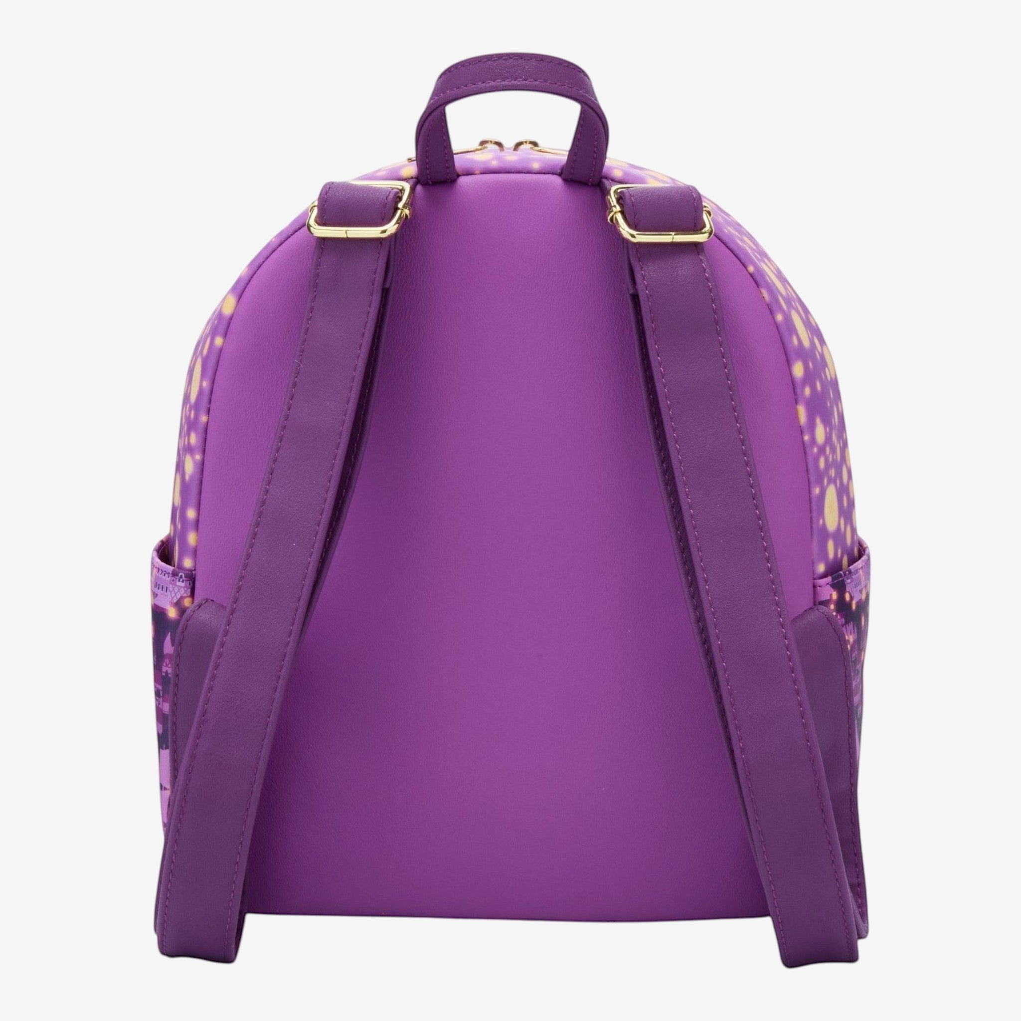 Once Upon Magic purple faux leather mini backpack with Rapunzel and lantern scene on sides. Adjustable straps.