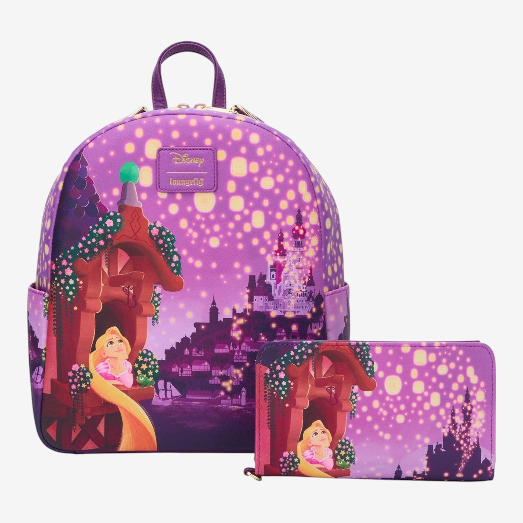Once Upon Magic Disney Rapunzel Night Lanterns mini backpack and wallet set. Purple faux leather with scene.