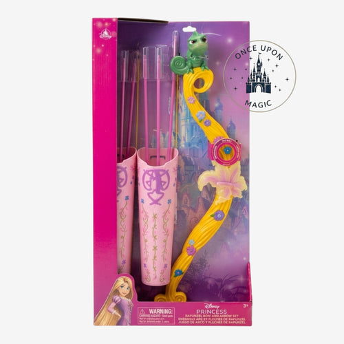 Once Upon Magic Rapunzel light-up bow and arrow set with Pascal figure, floral details, and pink quiver in packaging.