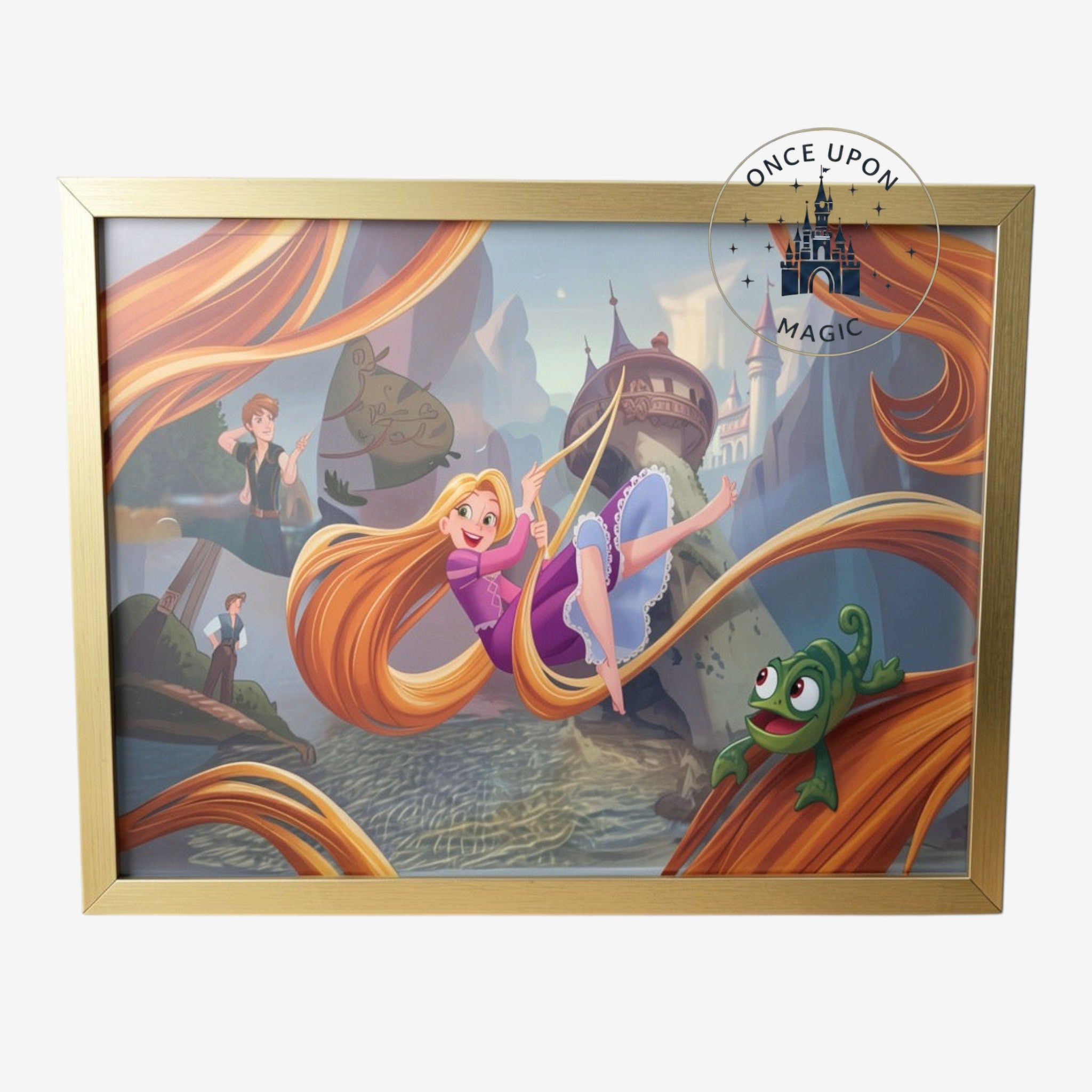 Once Upon Magic limited edition Rapunzel framed art featuring Rapunzel, Flynn Rider, and Pascal in a gold frame