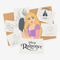 Once Upon Magic limited edition Rapunzel princess pin, featuring Rapunzel holding a frying pan with concept art behind her.