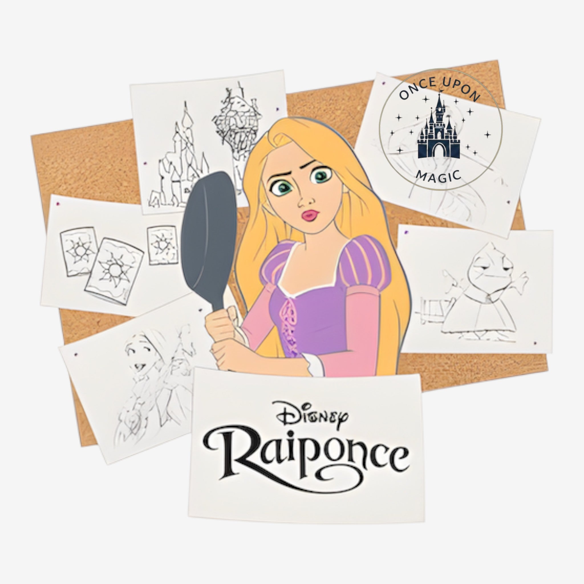 Once Upon Magic limited edition Rapunzel princess pin, featuring Rapunzel holding a frying pan with concept art behind her.