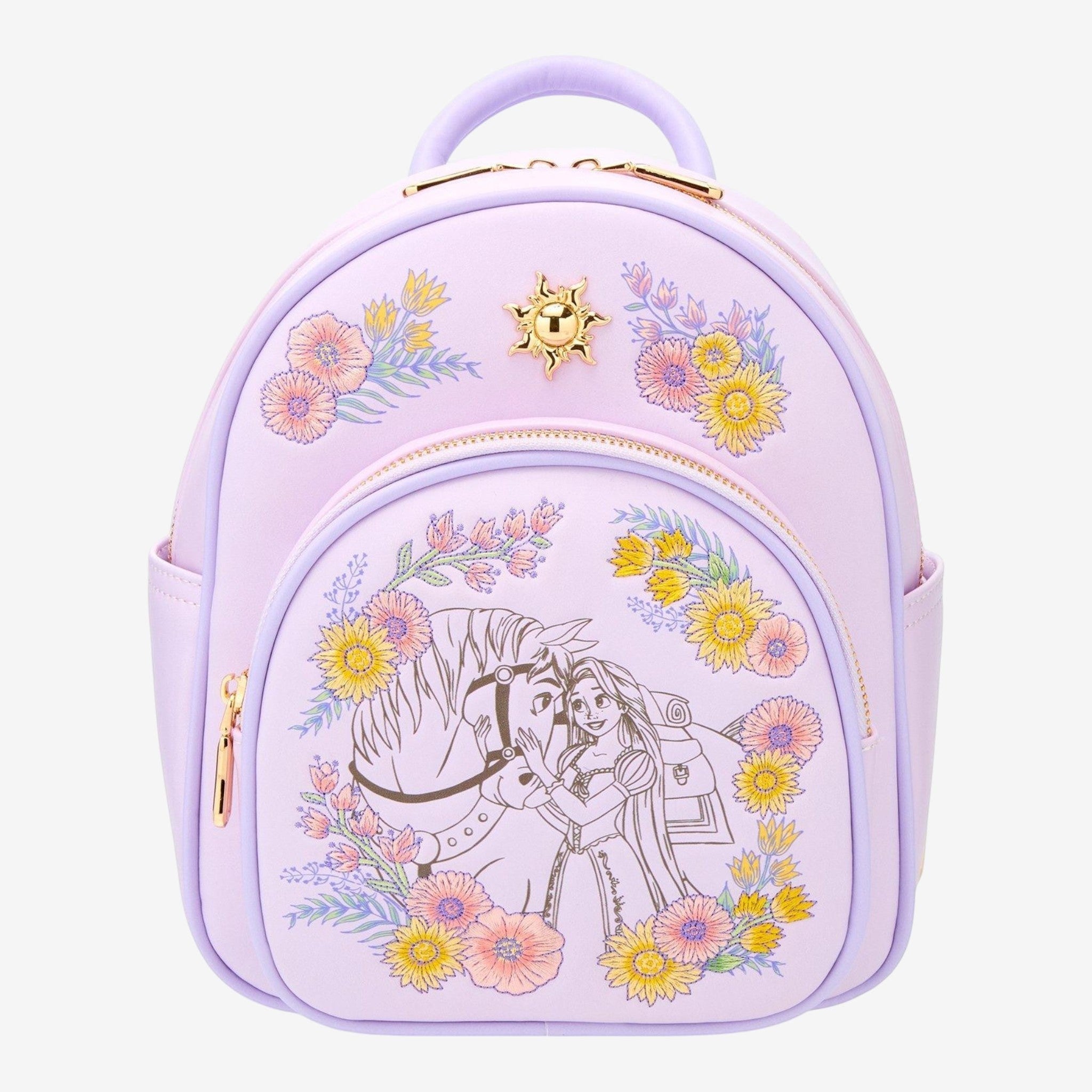 Once Upon Magic Disney Tangled Rapunzel & Maximus floral convertible mini backpack with sun emblem. Faux leather.