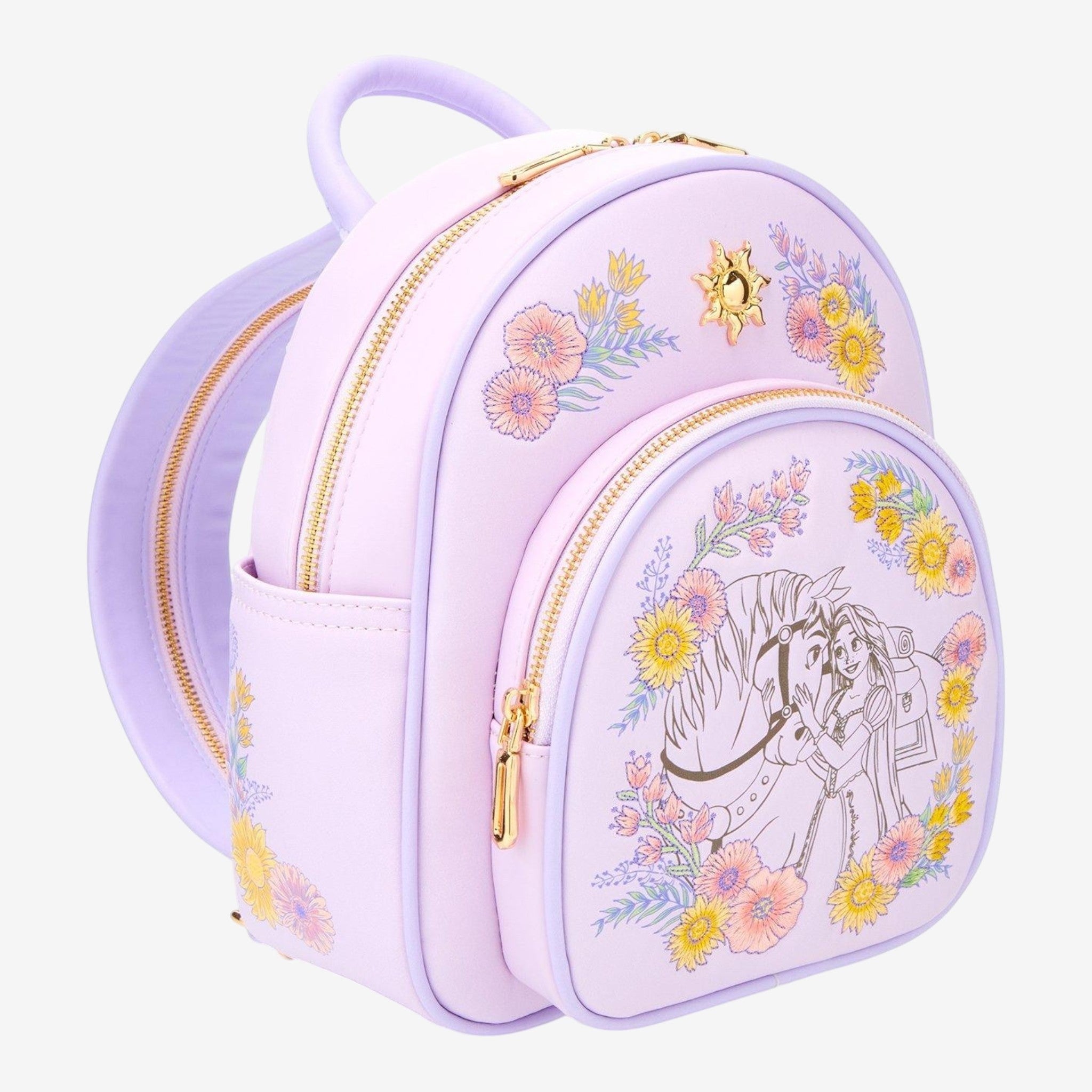 Once Upon Magic lavender faux leather mini backpack with Rapunzel and Maximus floral print and sun badge