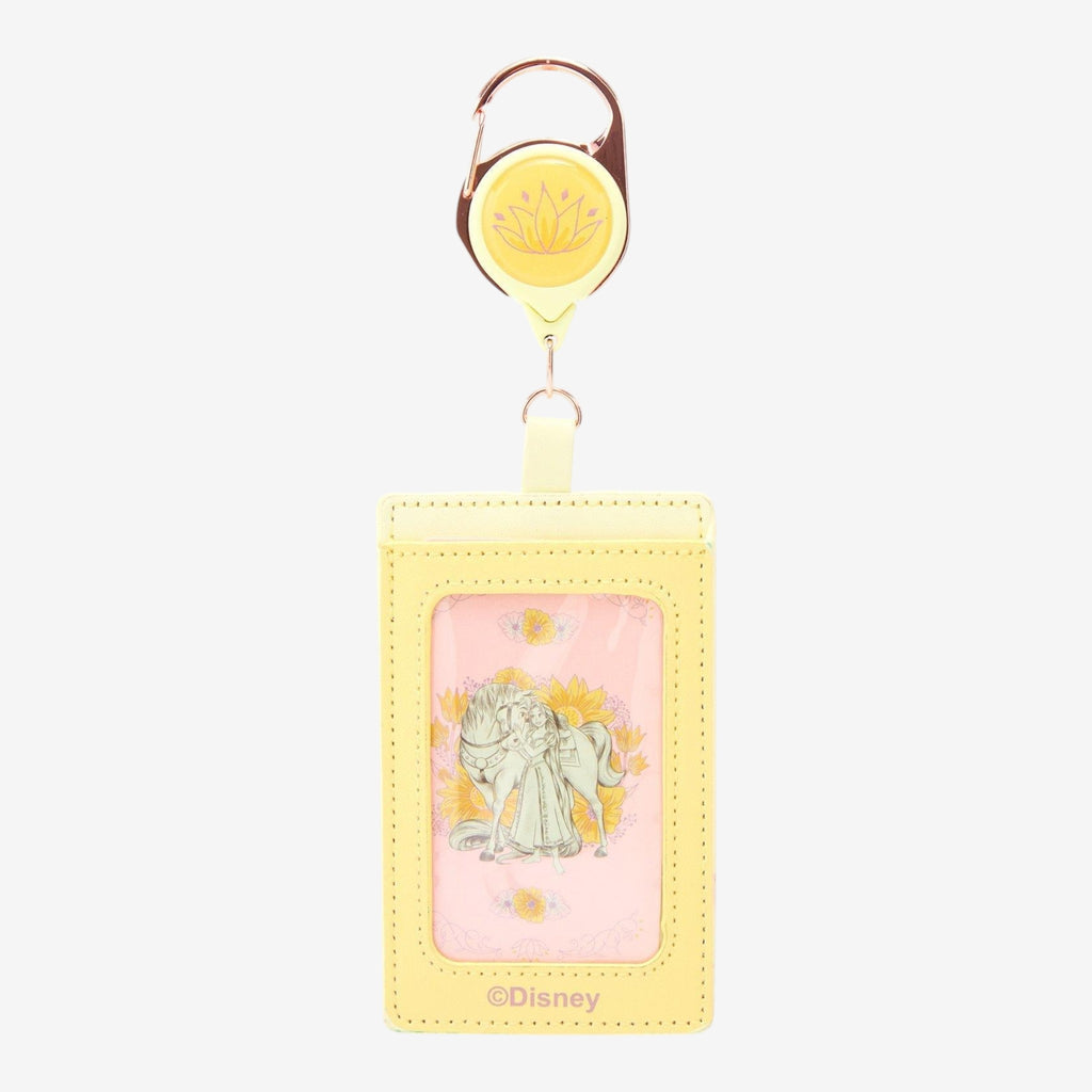Once Upon Magic yellow retractable lanyard with Rapunzel and Maximus floral design, perfect for Disney fans.