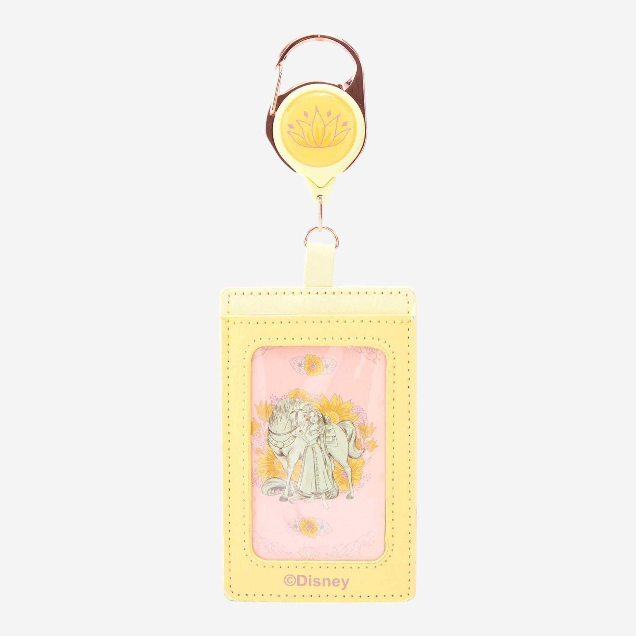 Once Upon Magic yellow retractable lanyard with Rapunzel and Maximus floral design, perfect for Disney fans.