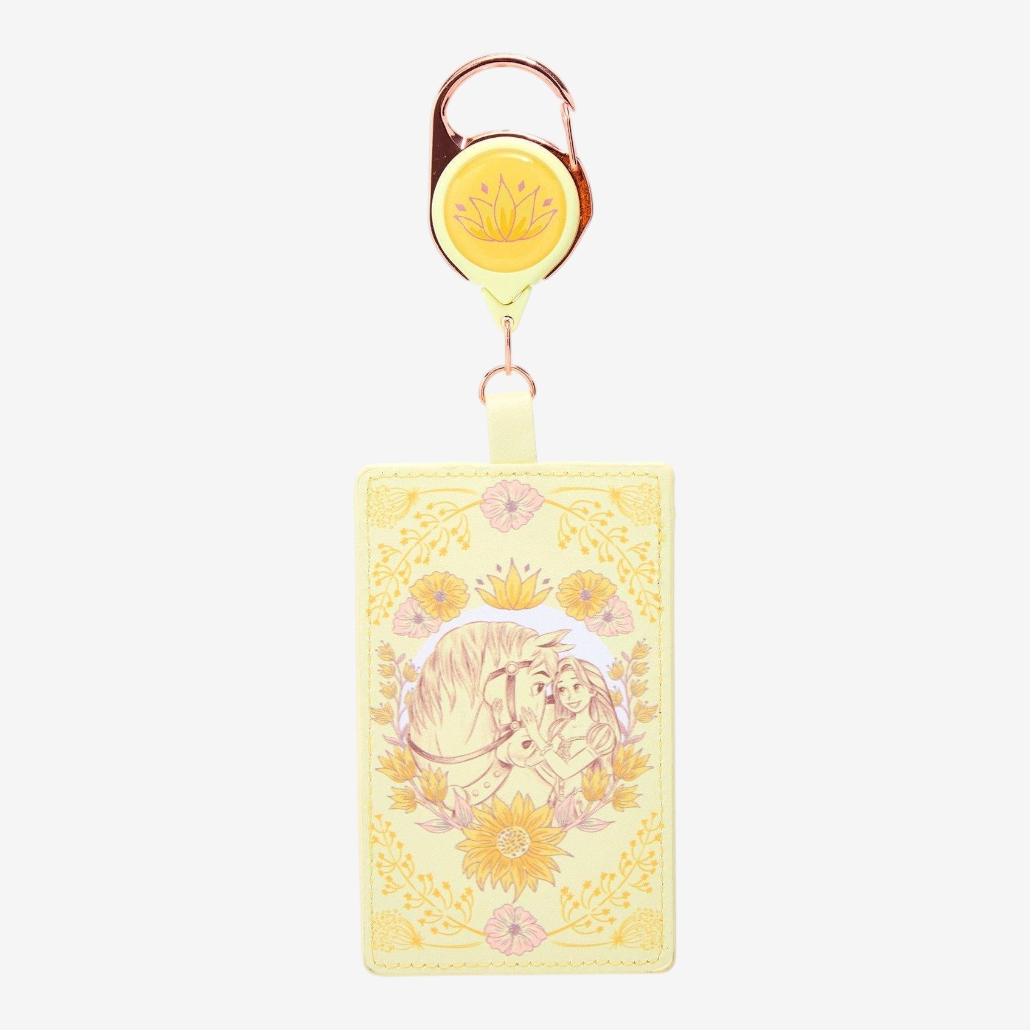 Once Upon Magic yellow retractable lanyard with Rapunzel and Maximus floral design, featuring a crown and sunflowers.