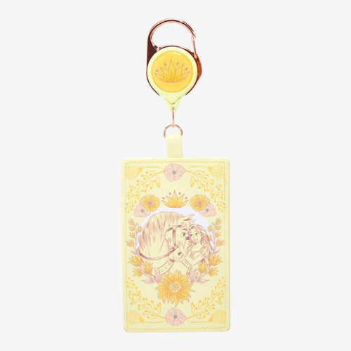 Once Upon Magic yellow retractable lanyard with Rapunzel and Maximus floral design, featuring a crown and sunflowers.