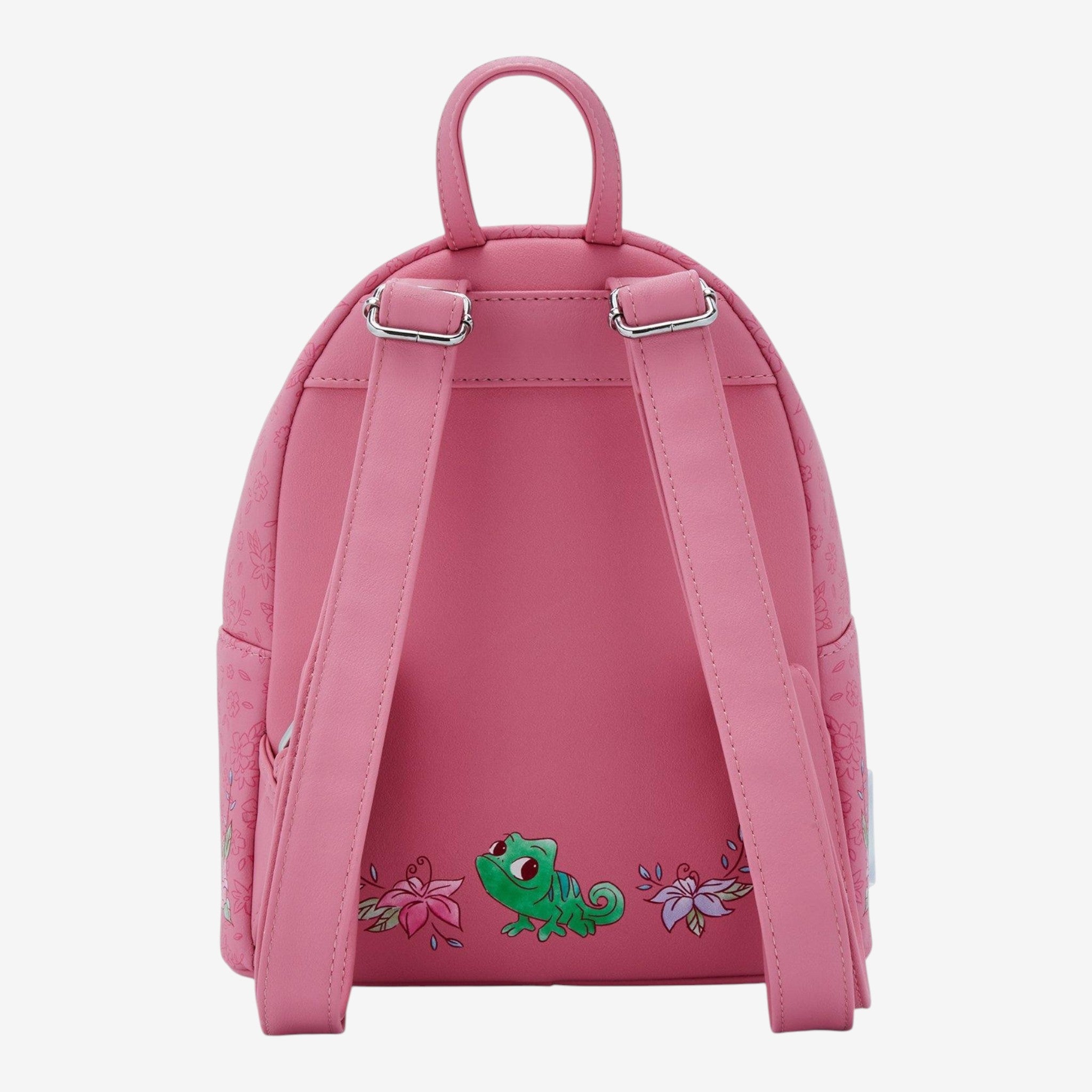 Once Upon Magic pink faux leather mini backpack with Rapunzel flowers and Pascal the chameleon design. Adjustable straps.