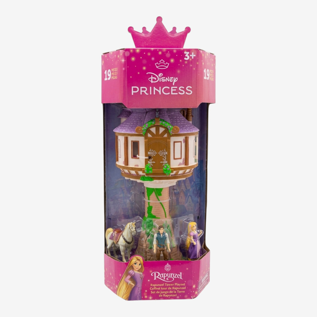 Once Upon Magic Rapunzel Tower Playset with Rapunzel, Flynn Rider, Pascal, and Maximus figures. Includes tower, horse, and accessories. For ages 3+.