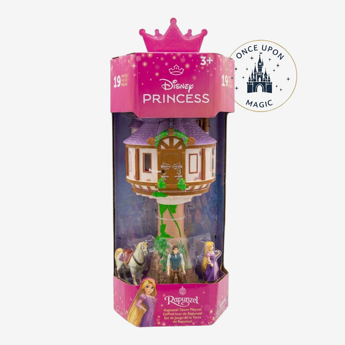 Once Upon Magic Rapunzel Tower Playset with Rapunzel, Flynn Rider, Pascal, and Maximus figures. Includes tower, horse, and accessories. For ages 3+.