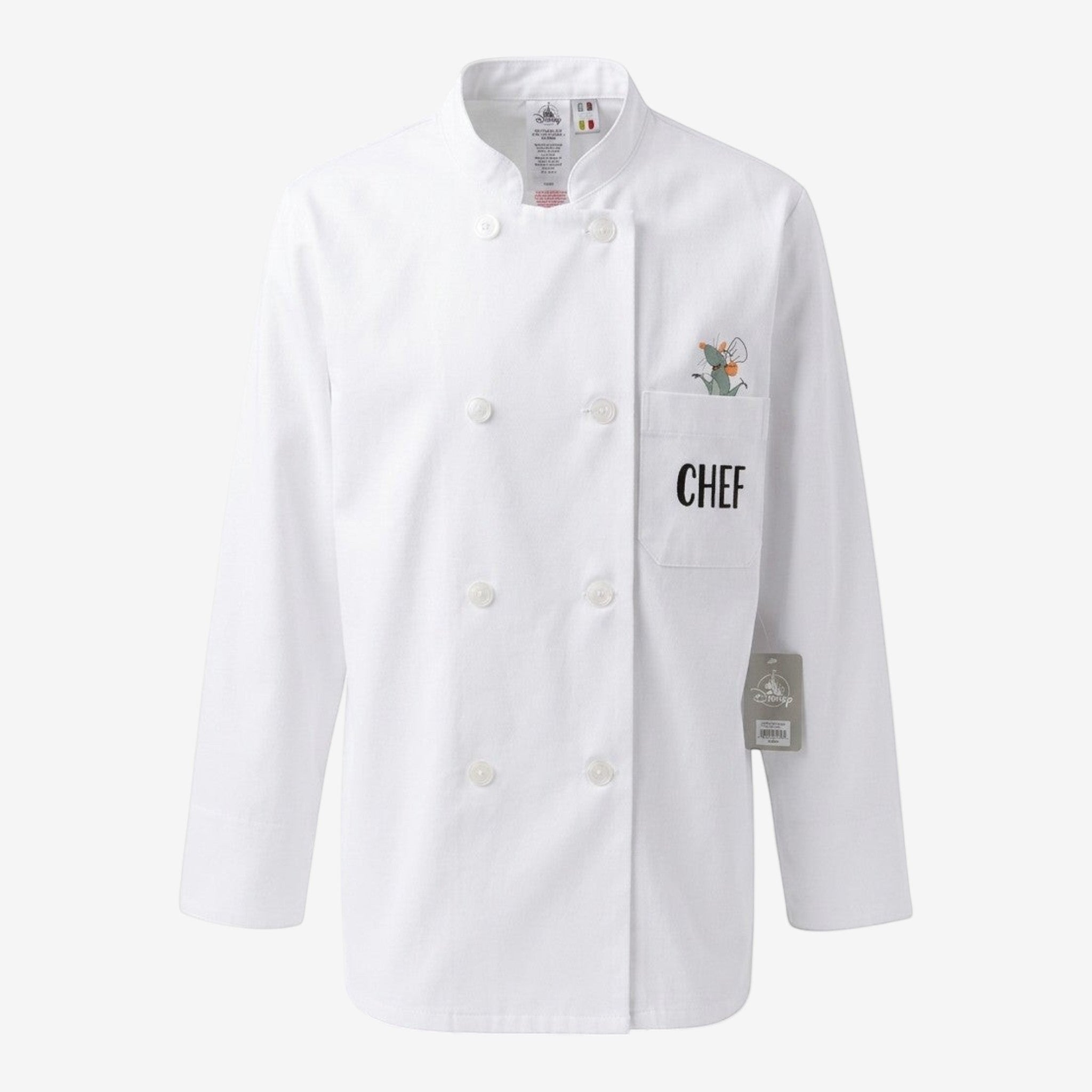 Once Upon Magic white chef jacket with Remy from Ratatouille on chest pocket and "CHEF" embroidery. Double-breasted with pearl buttons.