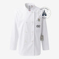 Once Upon Magic white chef jacket with Remy from Ratatouille on chest pocket and "CHEF" embroidery. Double-breasted with pearl buttons.