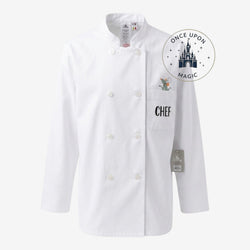 Once Upon Magic white chef jacket with Remy from Ratatouille on chest pocket and "CHEF" embroidery. Double-breasted with pearl buttons.