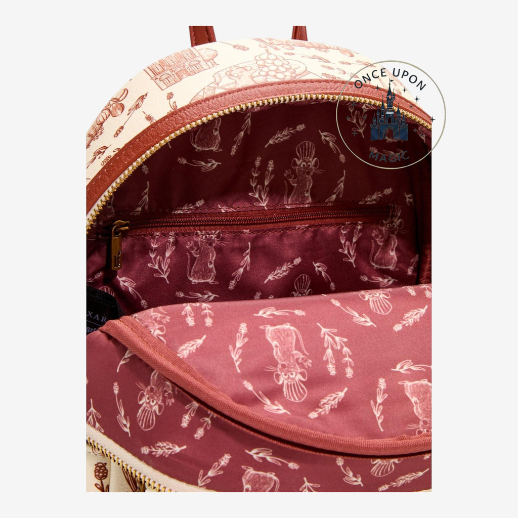 Intérieur du mini sac Loungefly Ratatouille avec doublure Rémy et herbes