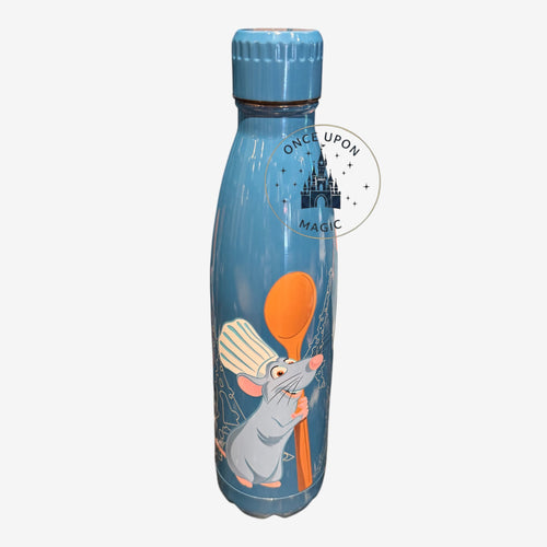 Once Upon Magic blue metal insulated water bottle featuring Remy from Ratatouille holding a wooden spoon, with Eiffel Tower graphic.
