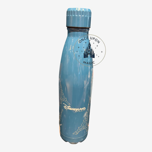 Once Upon Magic blue metal isotherme water bottle with Ratatouille Remy design and Eiffel Tower graphic.