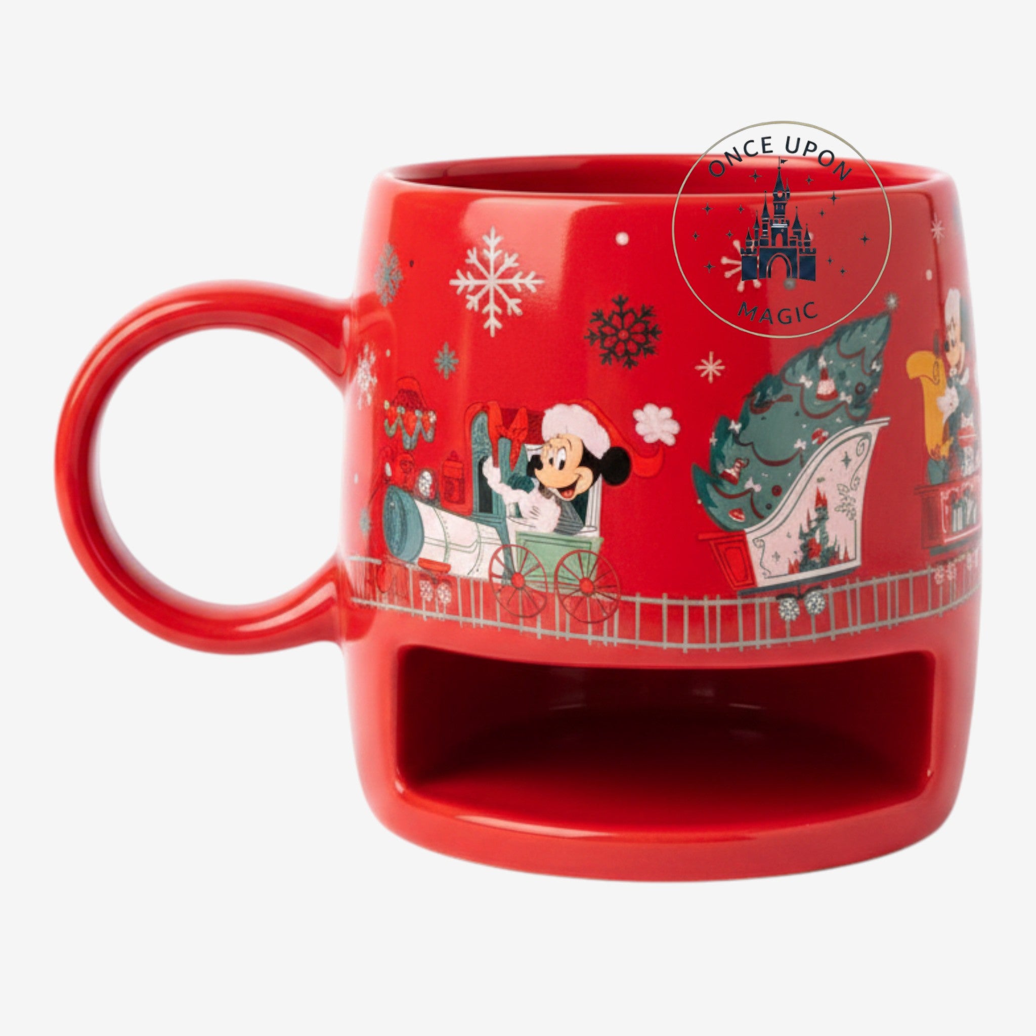 Once Upon Magic red Christmas mug featuring Mickey and Minnie in a festive train design with snowflakes
