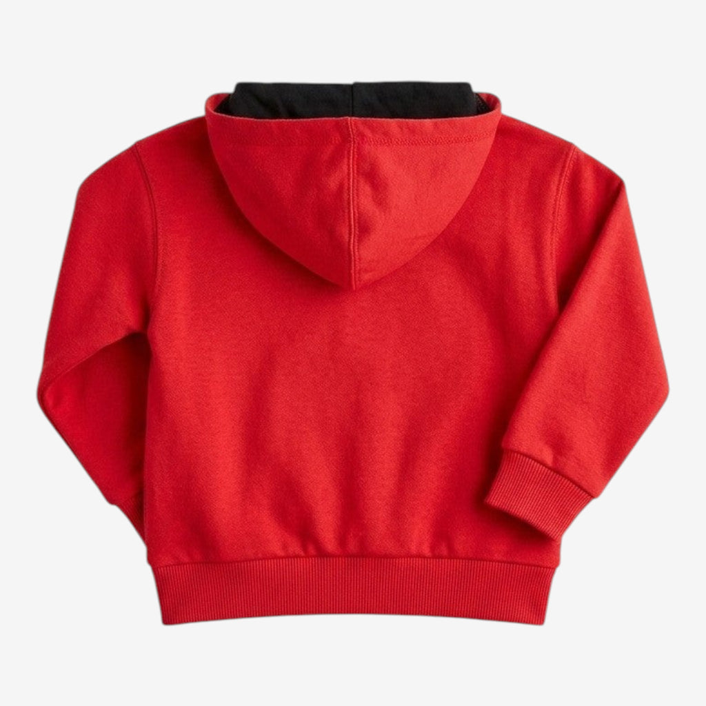 Once Upon Magic red cotton blend kids hoodie with black hood lining and pixel art Mickey Mouse graphic on front.