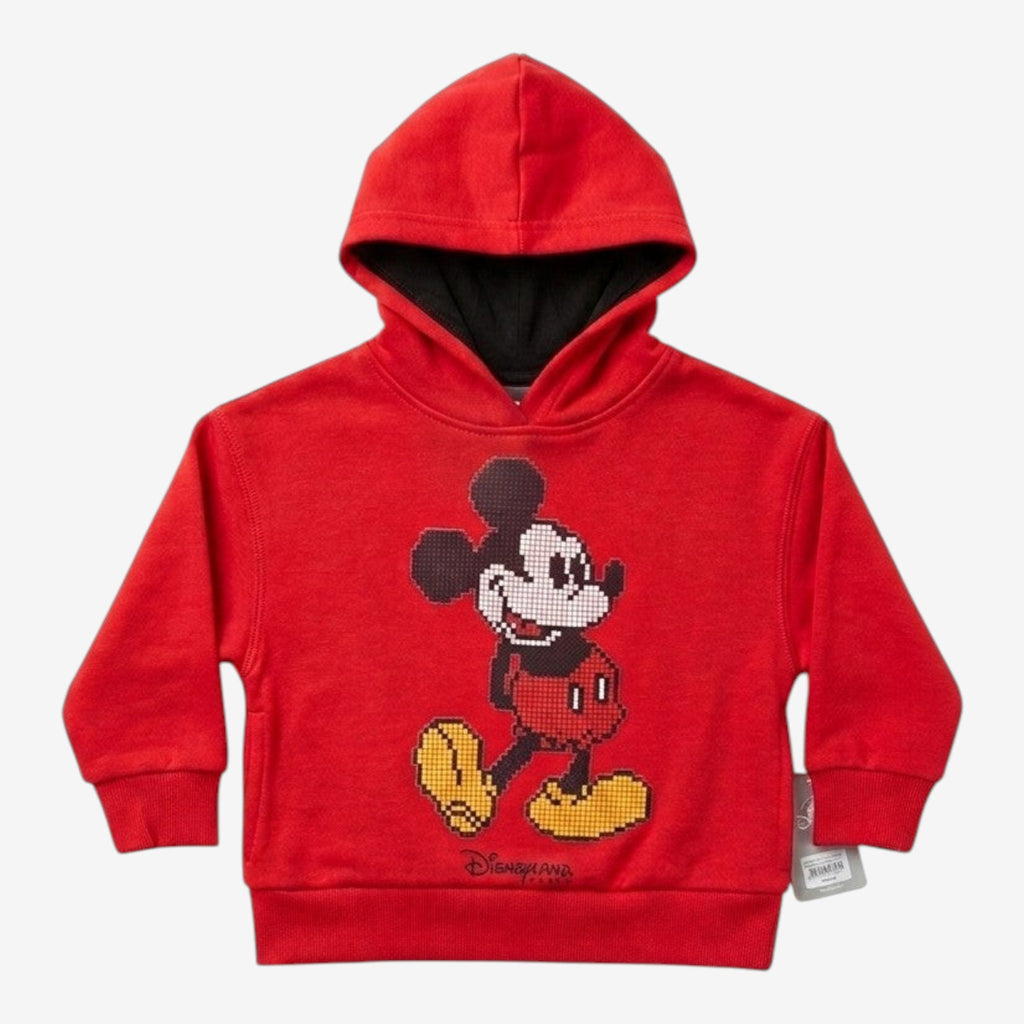 Once Upon Magic red pixel art Mickey Mouse hoodie for kids with black hood lining and Disneyland Paris embroidery.