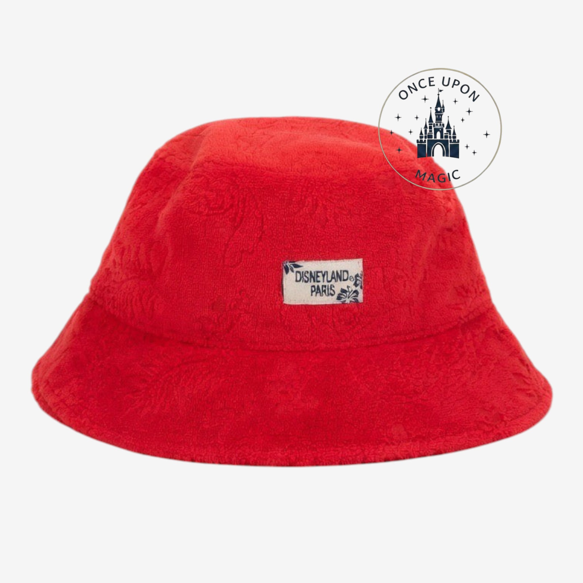 Once Upon Magic red terry cloth bucket hat with subtle Stitch pattern and Disneyland Paris label. Summer accessory.
