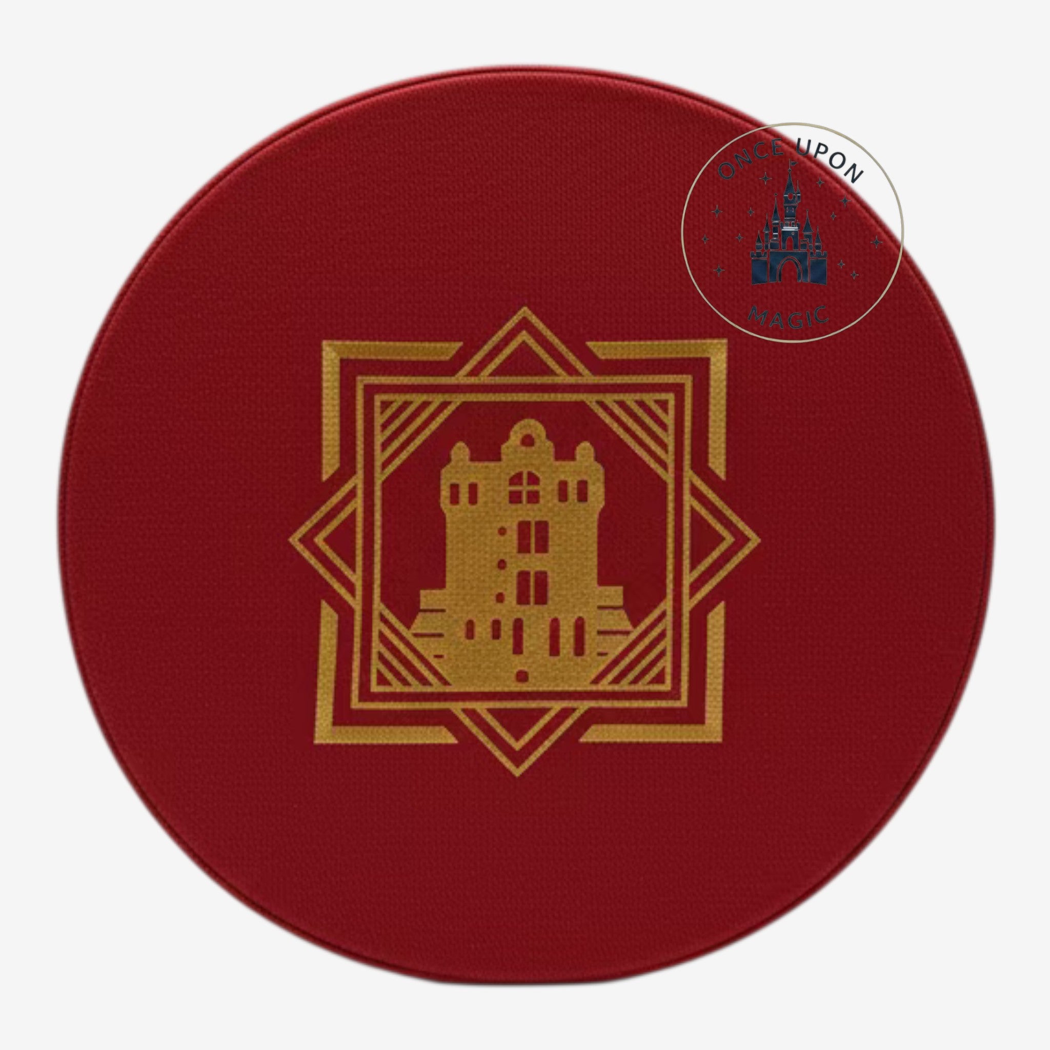 Once Upon Magic round red mouse ear hat featuring a gold embroidered Tower of Terror hotel design