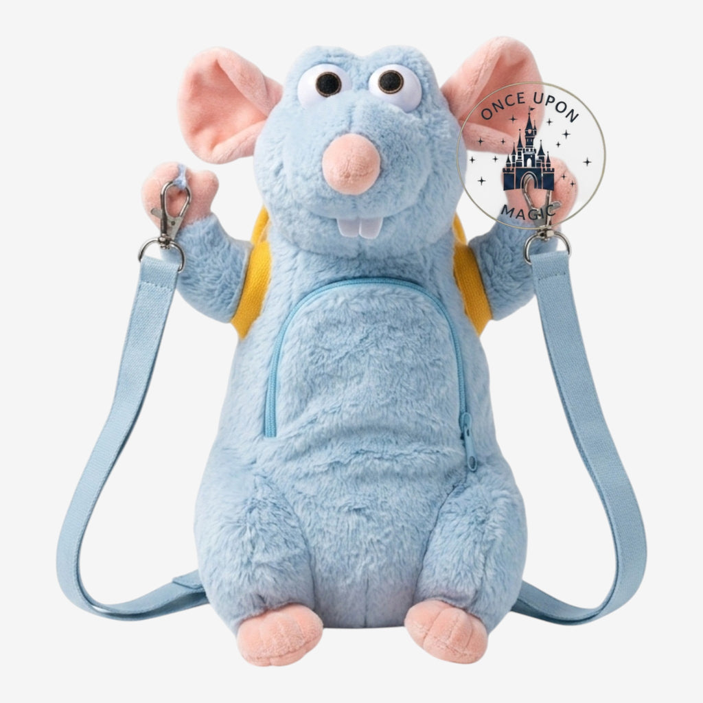 Once Upon Magic blue plush Remy rat bag with yellow cheese backpack and light blue strap, functional crossbody bag