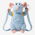 Once Upon Magic blue plush Remy rat bag with yellow cheese backpack and light blue strap, functional crossbody bag