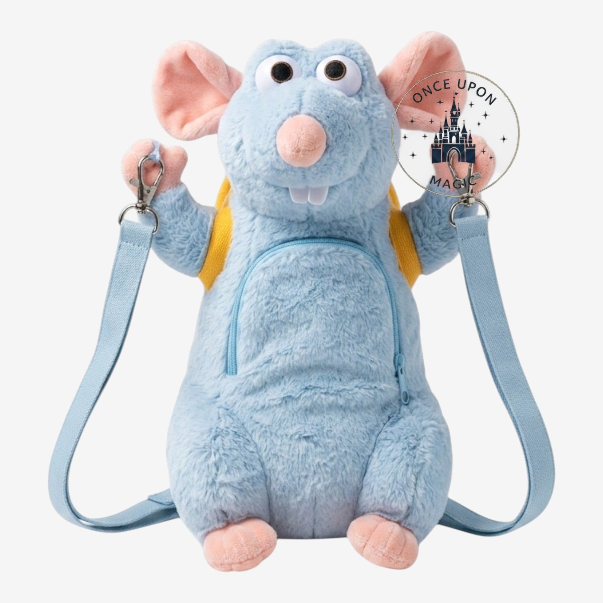 Once Upon Magic blue plush Remy rat bag with yellow cheese backpack and light blue strap, functional crossbody bag