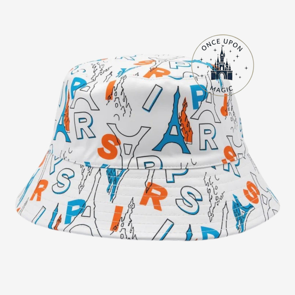 Once Upon Magic reversible bucket hat with white, blue, and orange "PARIS" text and Eiffel Tower graphics.