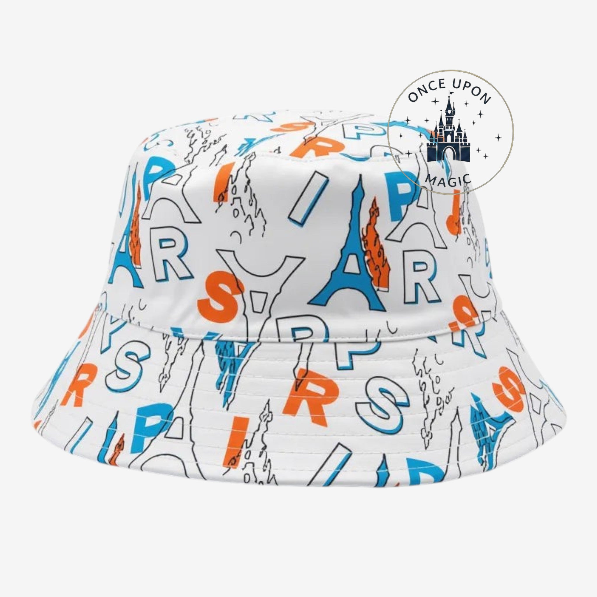 Once Upon Magic reversible bucket hat with white, blue, and orange "PARIS" text and Eiffel Tower graphics.
