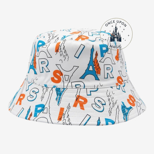 Once Upon Magic reversible bucket hat with white, blue, and orange "PARIS" text and Eiffel Tower graphics.