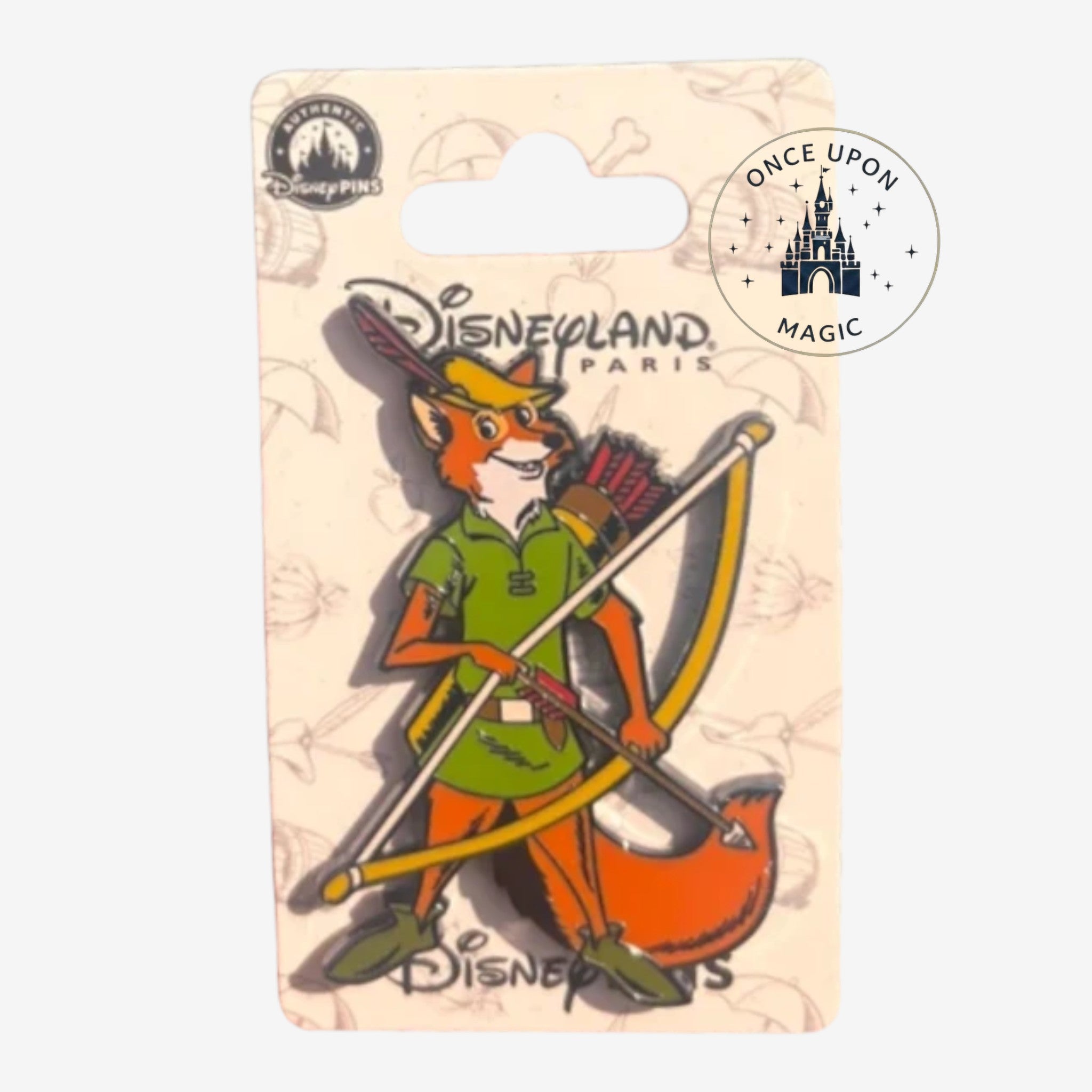 Once Upon Magic Robin Hood Disney pin featuring the character with a bow and arrow on original backing card