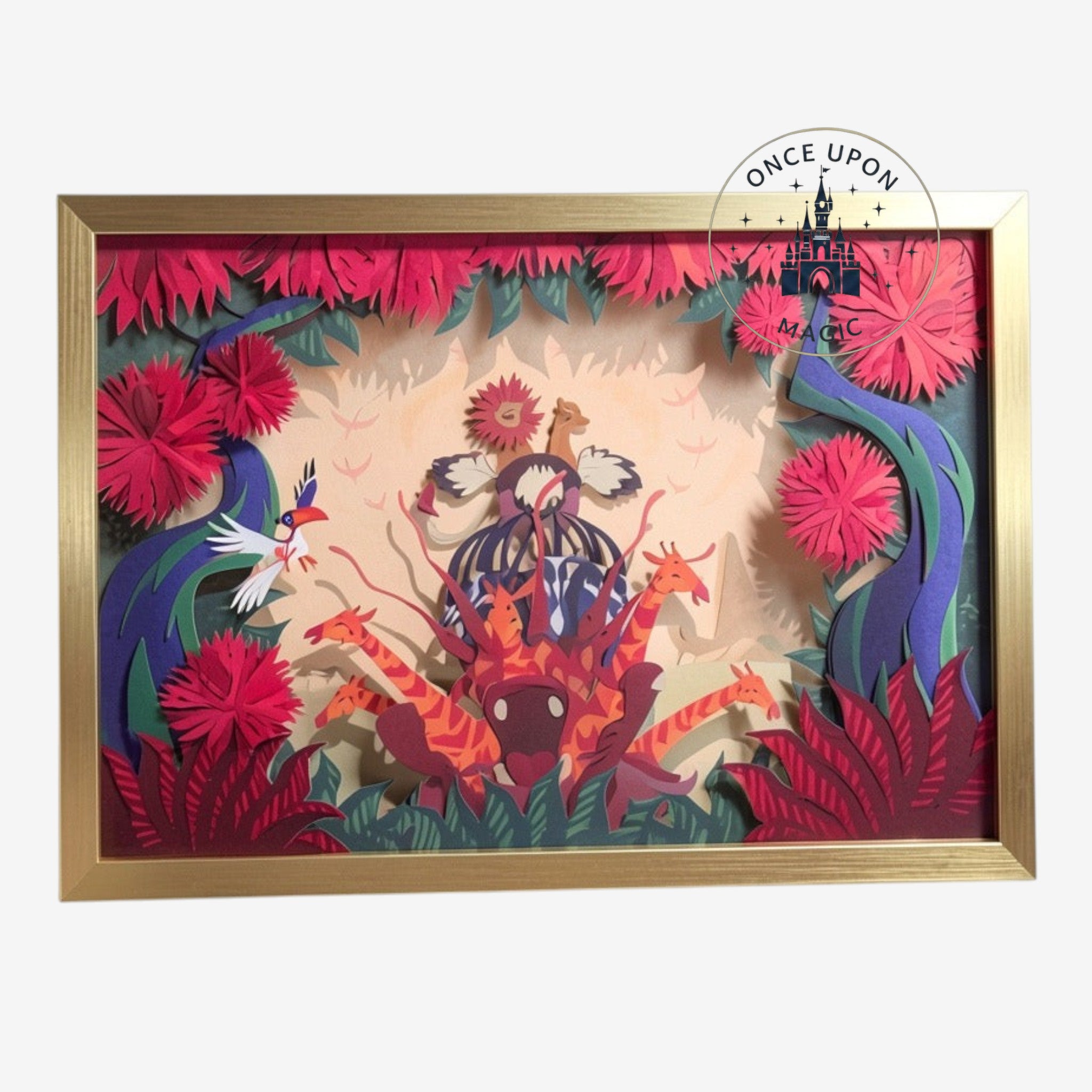 Once Upon Magic Roi Lion layered paper art featuring savanna animals in a gold frame