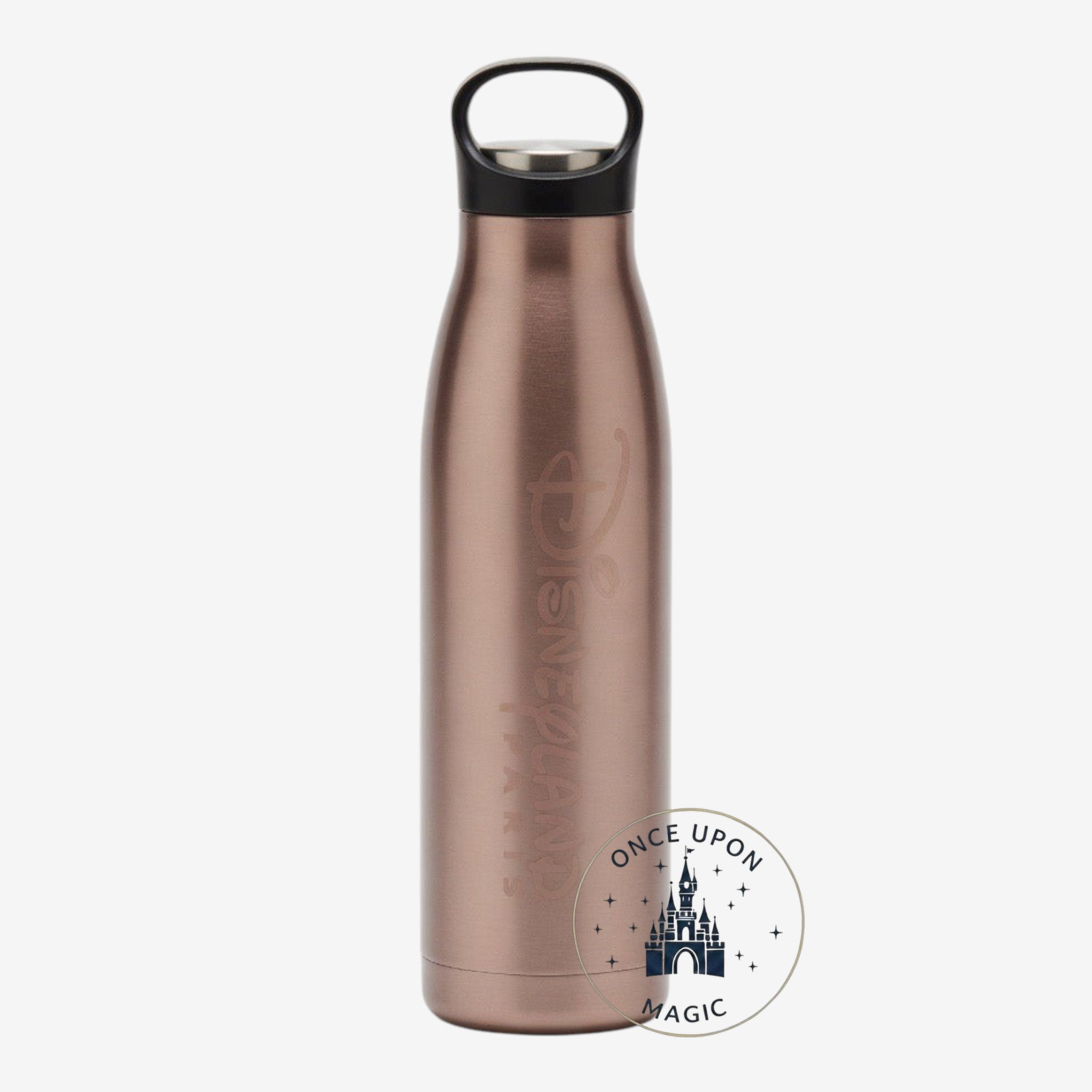 Once Upon Magic rose gold Disneyland Paris water bottle with engraved logo. Sleek and elegant design.